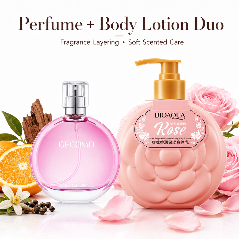 Perfume Fragrance Lotion - ชุดน้ำหอมสำหรับผู้หญิง GECOMO 50 มล. + โลชั่นบำรุงผิวกลิ่นกุหลาบ,